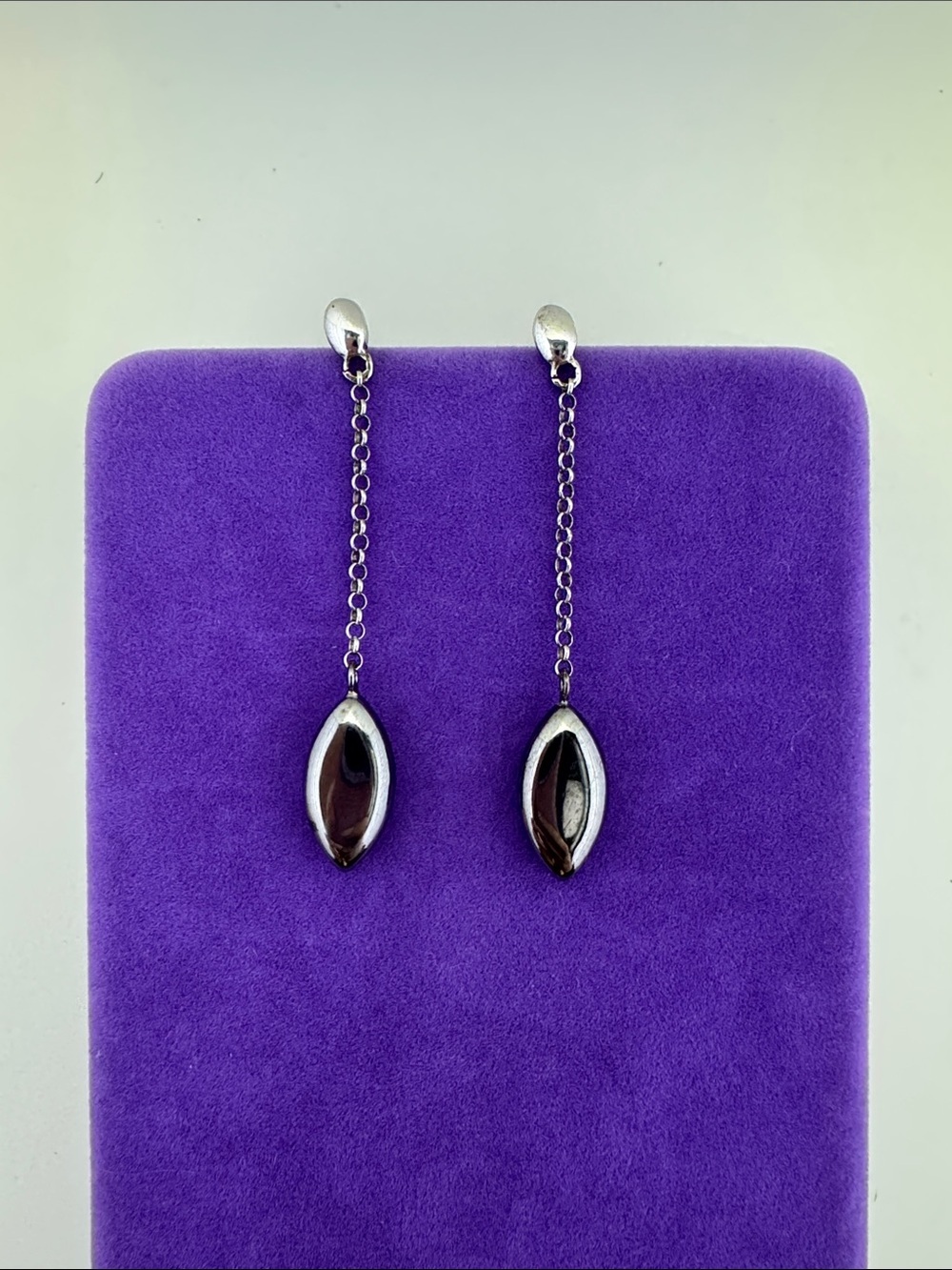 💛 Classic Sterling Silver Chain Drop Earrings with Dark Marquise Dangle | Bold